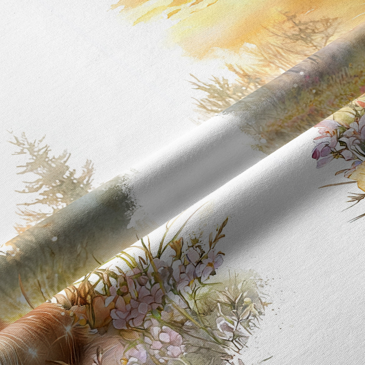 Zbliżenie tkaniny pokazujące akwarelowe kwiaty i delikatne detale nadruku