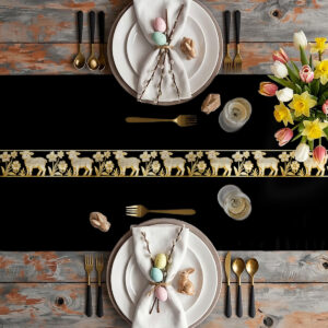 Aranżacja stołu ze świątecznym bieżnikiem, zastawą i wiosennymi kwiatami