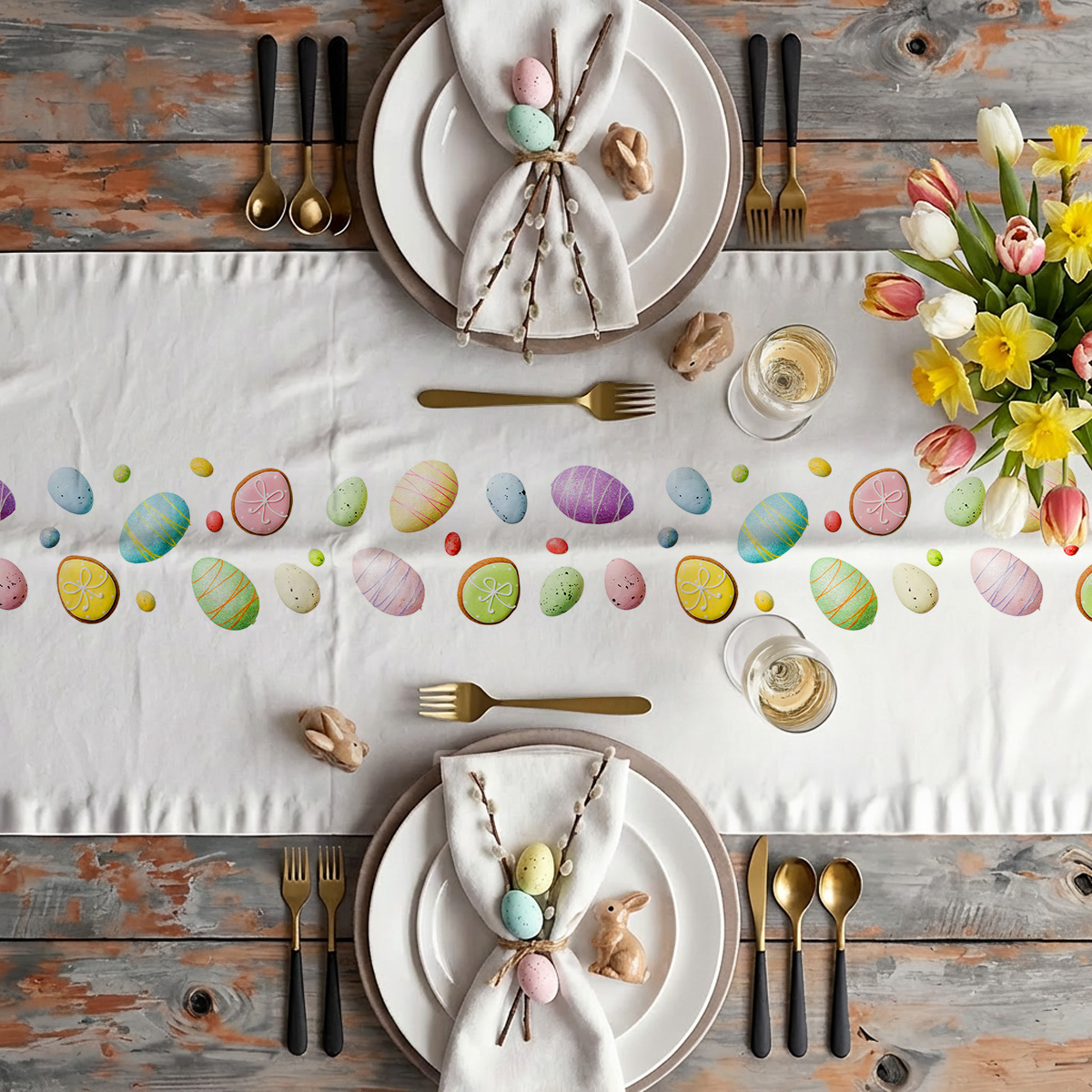 Aranżacja stołu ze świątecznym bieżnikiem, talerze, sztućce i bukiet tulipanów