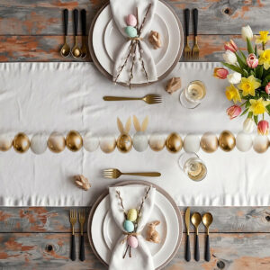 Widok z góry aranżacji stołu z bieżnikiem, zastawą i wiosennymi kwiatami w świątecznej stylizacji