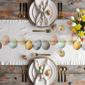 aranżacja stołu z zastawą, tulipanami i bieżnikiem ozdobionym pasem pisanek