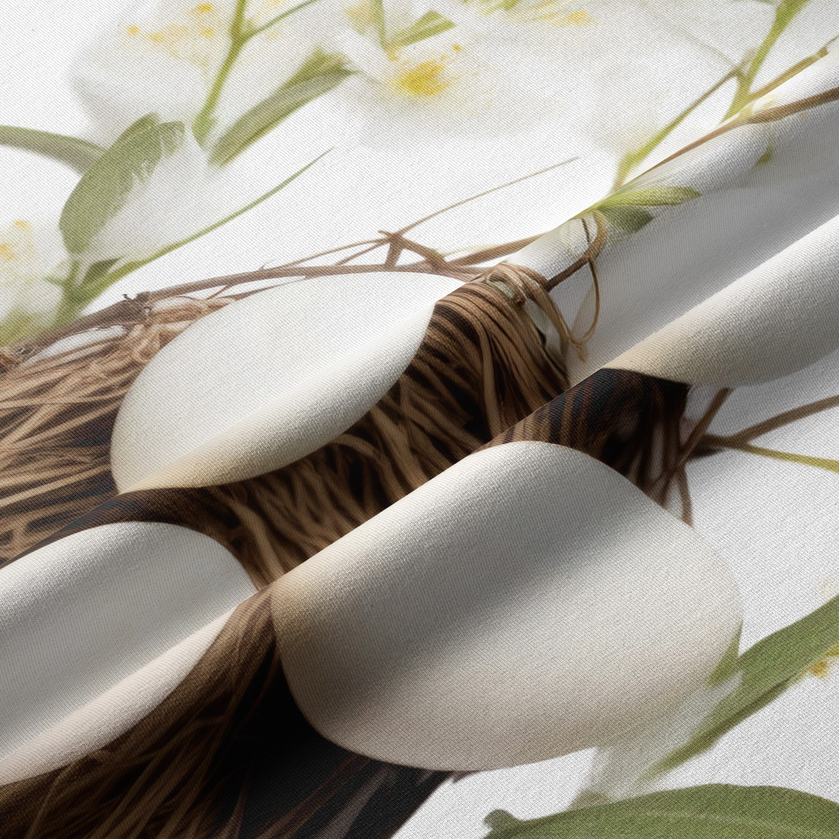 zbliżenie na fakturę tkaniny i szczegóły gniazdka z jajkami oraz drobne kwiatowe akcenty