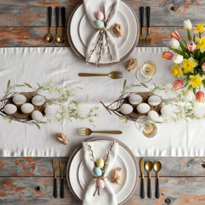 aranżacja stołu ze świątecznym bieżnikiem, bukiet tulipanów, porcelana i złote sztućce