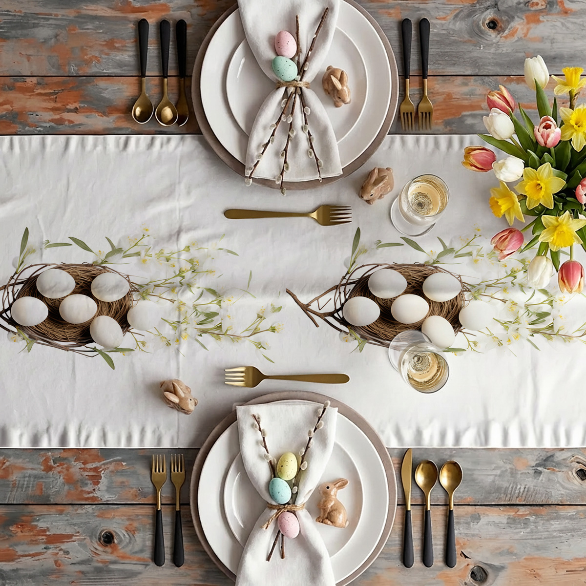 aranżacja stołu ze świątecznym bieżnikiem, bukiet tulipanów, porcelana i złote sztućce