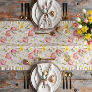 Aranżacja stołu wielkanocnego z zastawą, dekoracyjnymi jajkami i bieznikiem w kwiatowy wzór