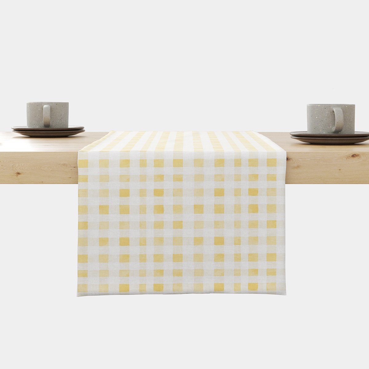 Bieżnik w żółto-białą kratkę rozłożony na stole, widok główny