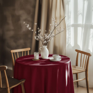 Aranżacja stołu z bordowym obrusem, waza z gałązkami i biała porcelana