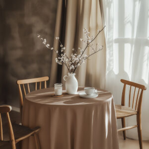 aranżacja stołu z wazonem i filiżanką na brązowym obrusie przy oknie
