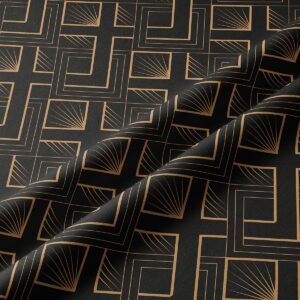 Zbliżenie na złote linie i geometryczne detale nadruku na czarnym materiale
