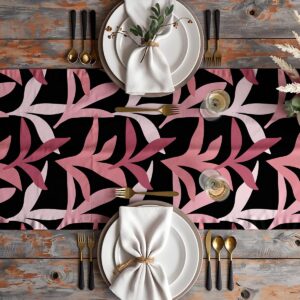 Aranżacja stołu z białą zastawą i złotymi sztućcami na bieżniku z malinowymi liśćmi