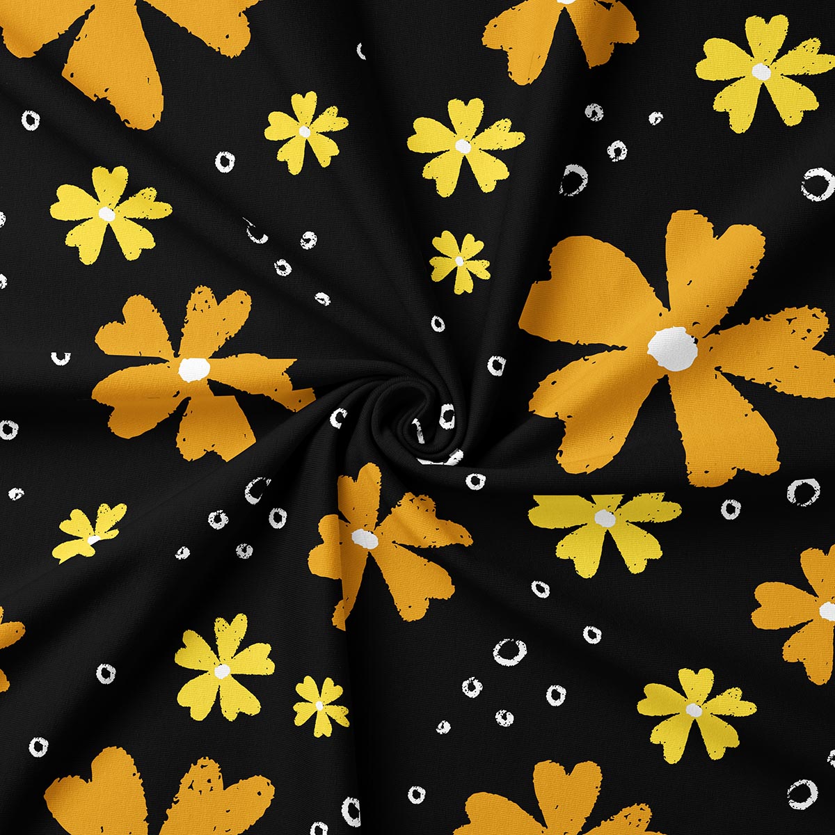 Zbliżenie na tkaninę i malarskie, duże żółte kwiaty na czarnym tle