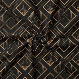 Zbliżenie na detal tkaniny pokazujące cienkie złote linie i wachlarzowy motyw