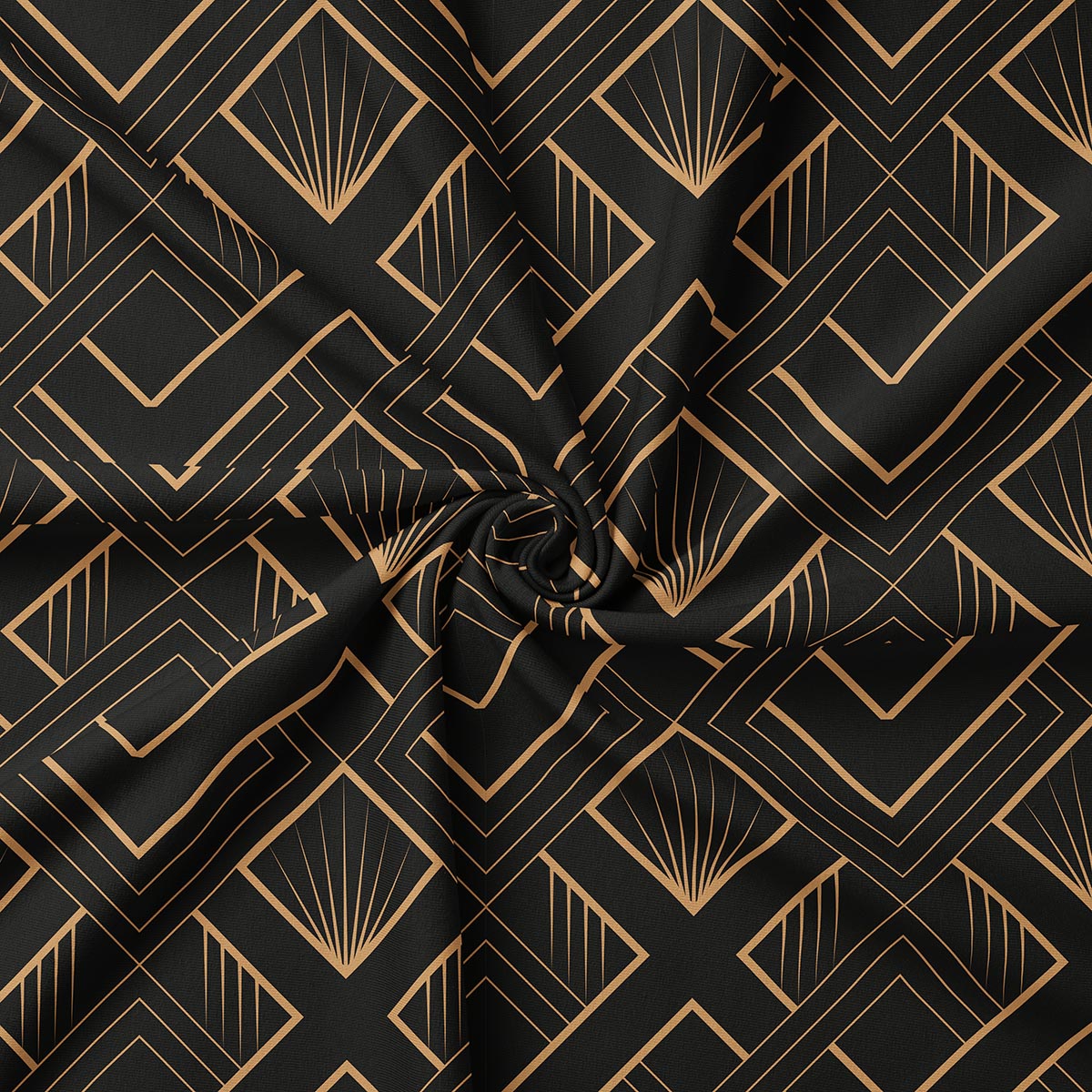 Zbliżenie na detal tkaniny pokazujące cienkie złote linie i wachlarzowy motyw