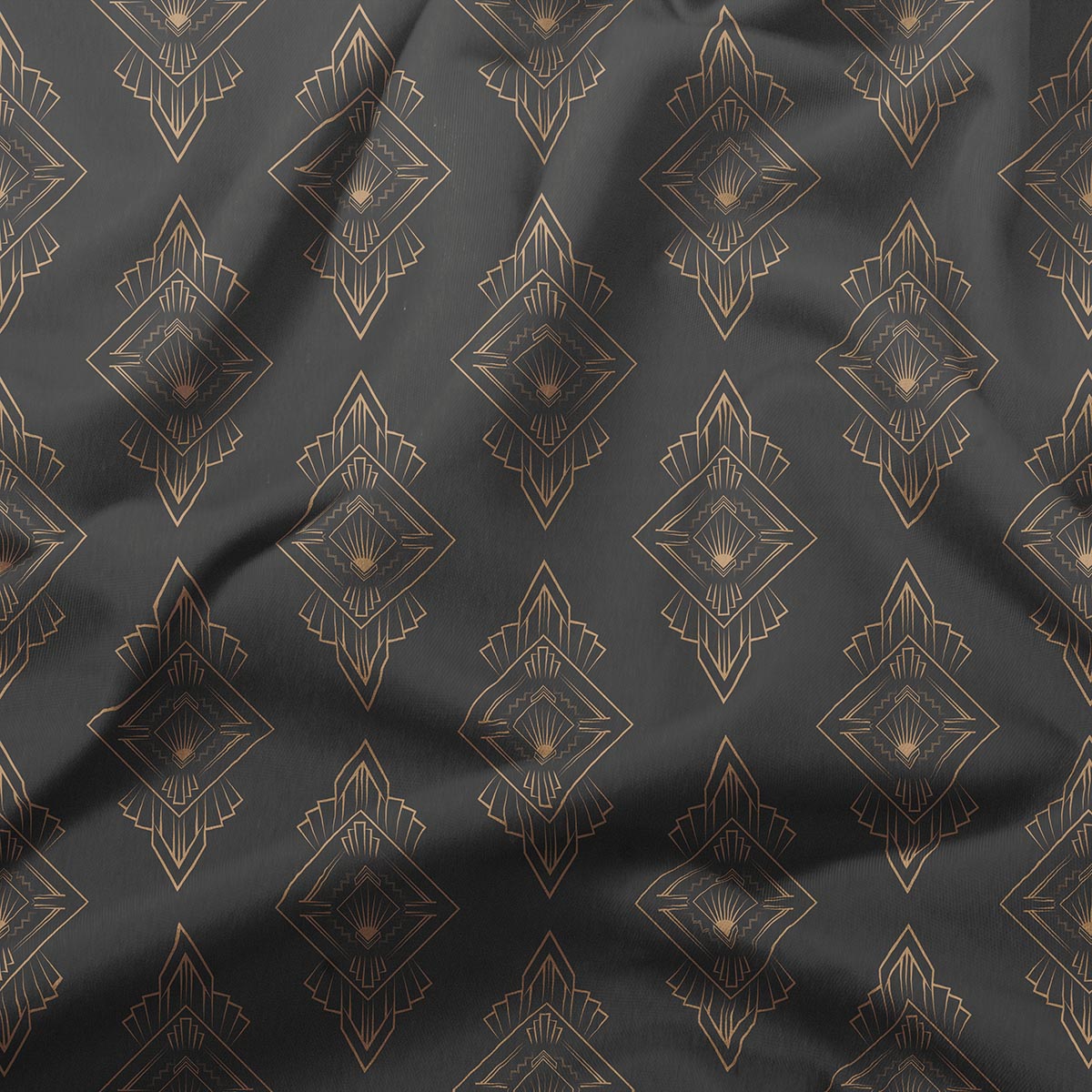 detal powtarzającego się wzoru art deco w złotym odcieniu na ciemnej tkaninie