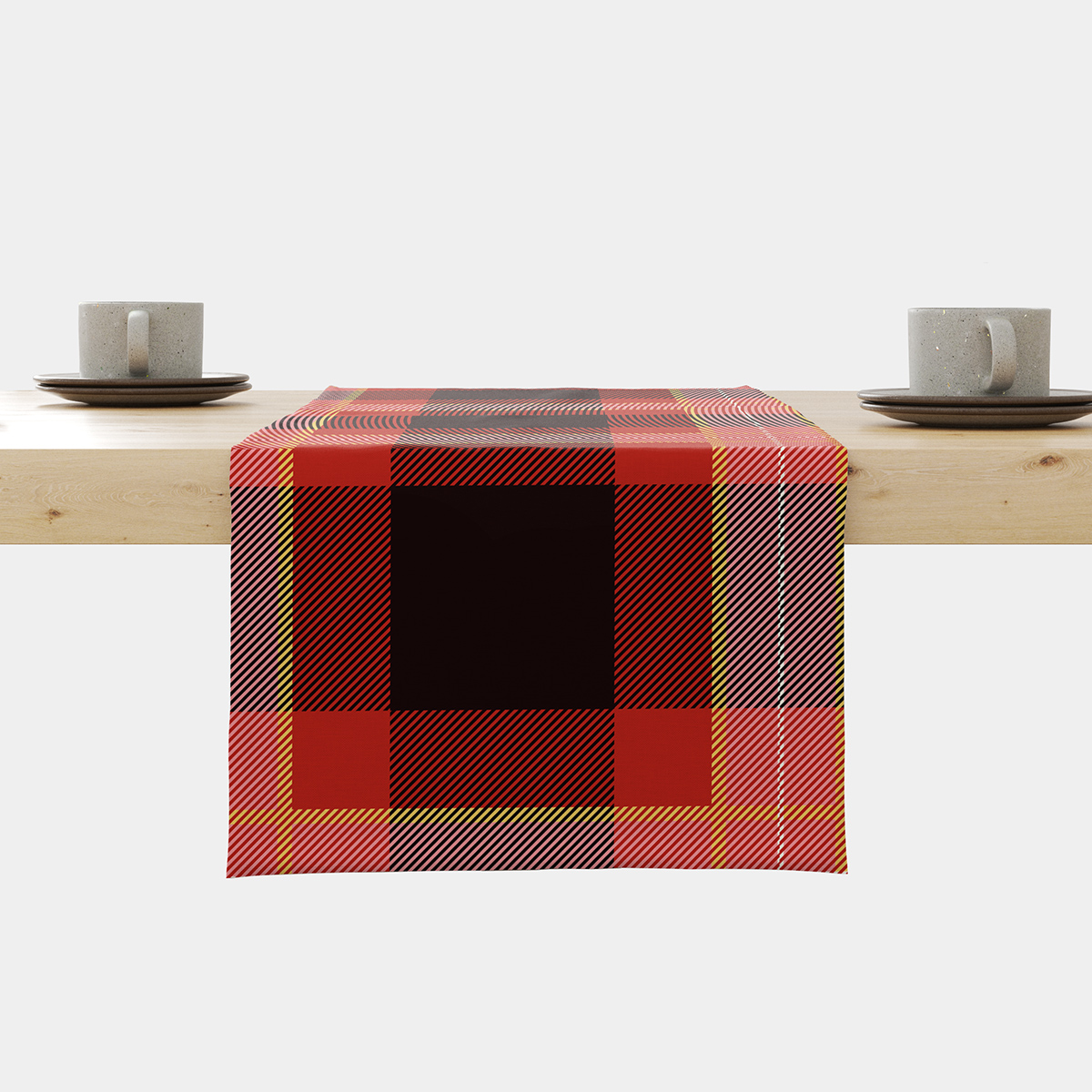 Bieżnik w czerwono-czarnej kracie rozłożony na stole, widok główny