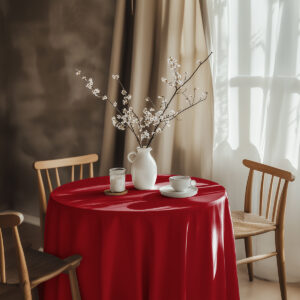 aranżacja stołu z czerwonym obrusem, biała waza z gałązkami i filiżanka w świetle okna
