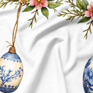 zbliżenie na detal pisanek w niebiesko-kremowe wzory i kwiatową gałązkę nadrukowaną na tkaninie