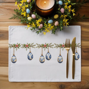 aranżacja na drewnianym stole z podkładką, sztućcami i świątecznym wieńcem z jajkami jako centerpiece