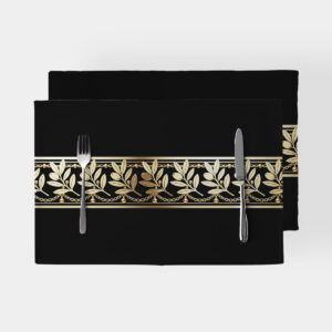 czarne podkładki ze złotym wzorem gałązek i łańcuszków ułożone jedna na drugiej, widok z góry