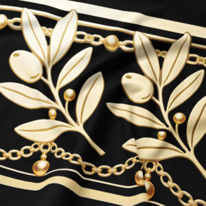 zbliżenie na złote liście i łańcuszki na czarnej tkaninie, widoczna faktura materiału