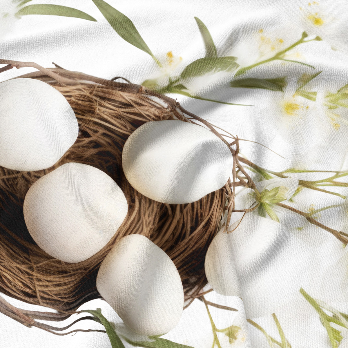 zbliżenie na nadruk gniazdka z białymi jajkami i delikatnymi kwiatami oraz fakturę tkaniny