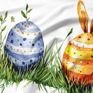 zbliżenie na akwarelowe jajo i trawę drukowane na tkaninie podkładki