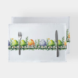 Podkładki z rzędem kolorowych pisanek i drobnych kwiatów na białym tle, główny widok produktu