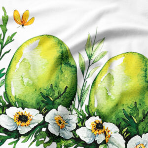 Zbliżenie na zielone pisanki i białe kwiaty z akwarelowym wykończeniem wzoru