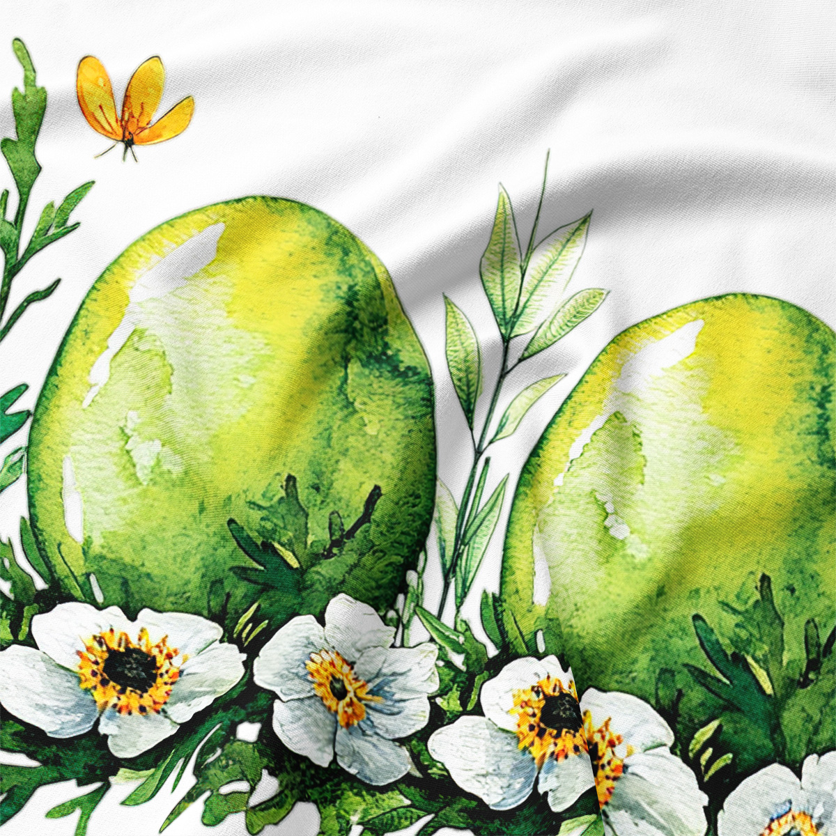 Zbliżenie na zielone pisanki i białe kwiaty z akwarelowym wykończeniem wzoru