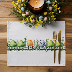 Widok z góry podkładki przy nakryciu stołu z dekoracyjnym wiankiem i sztućcami