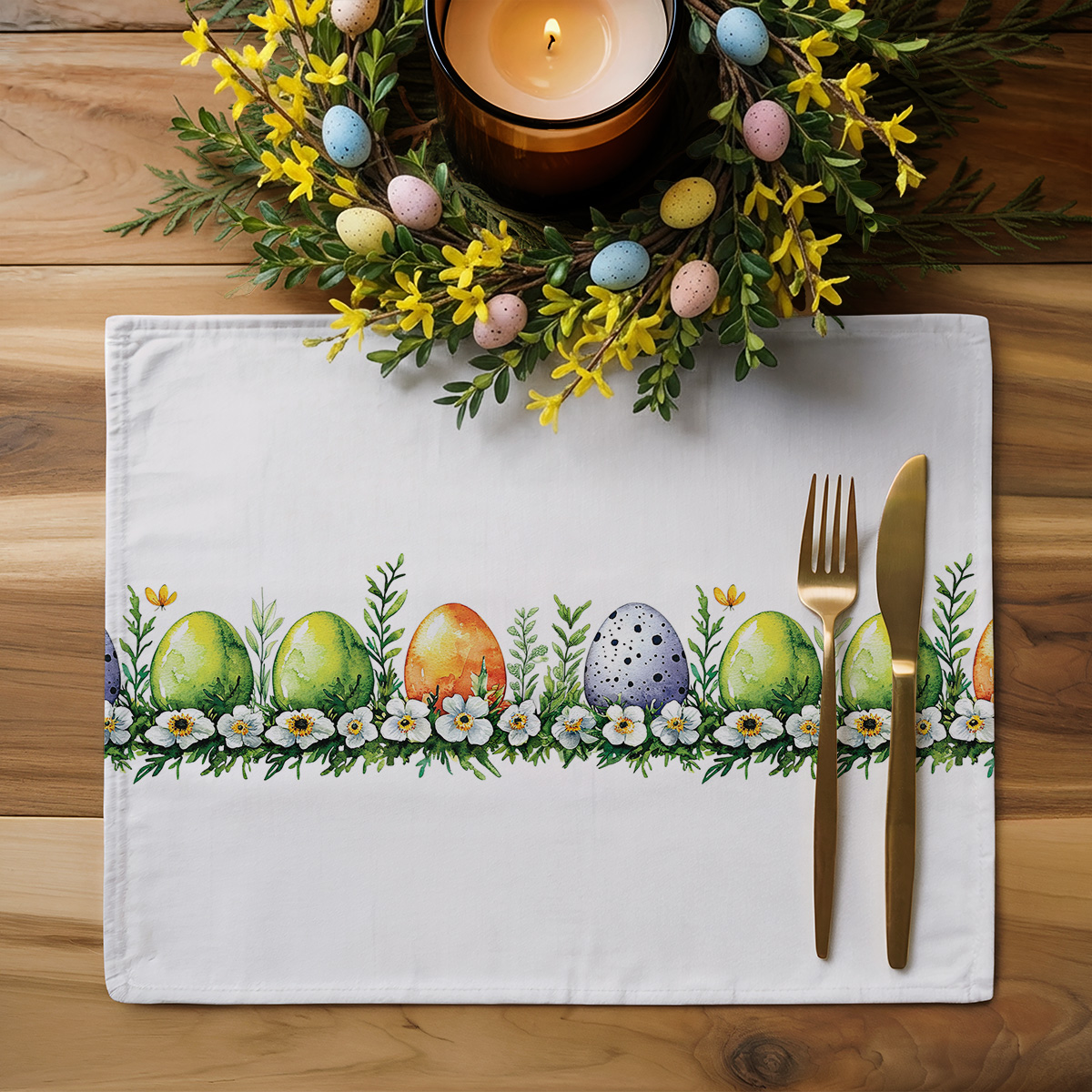 Widok z góry podkładki przy nakryciu stołu z dekoracyjnym wiankiem i sztućcami