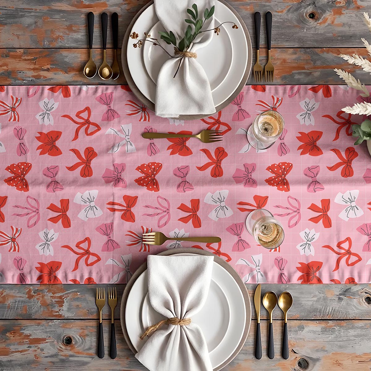 aranżacja stołu z bieżnikiem talerze i złote sztućce na różowym tle
