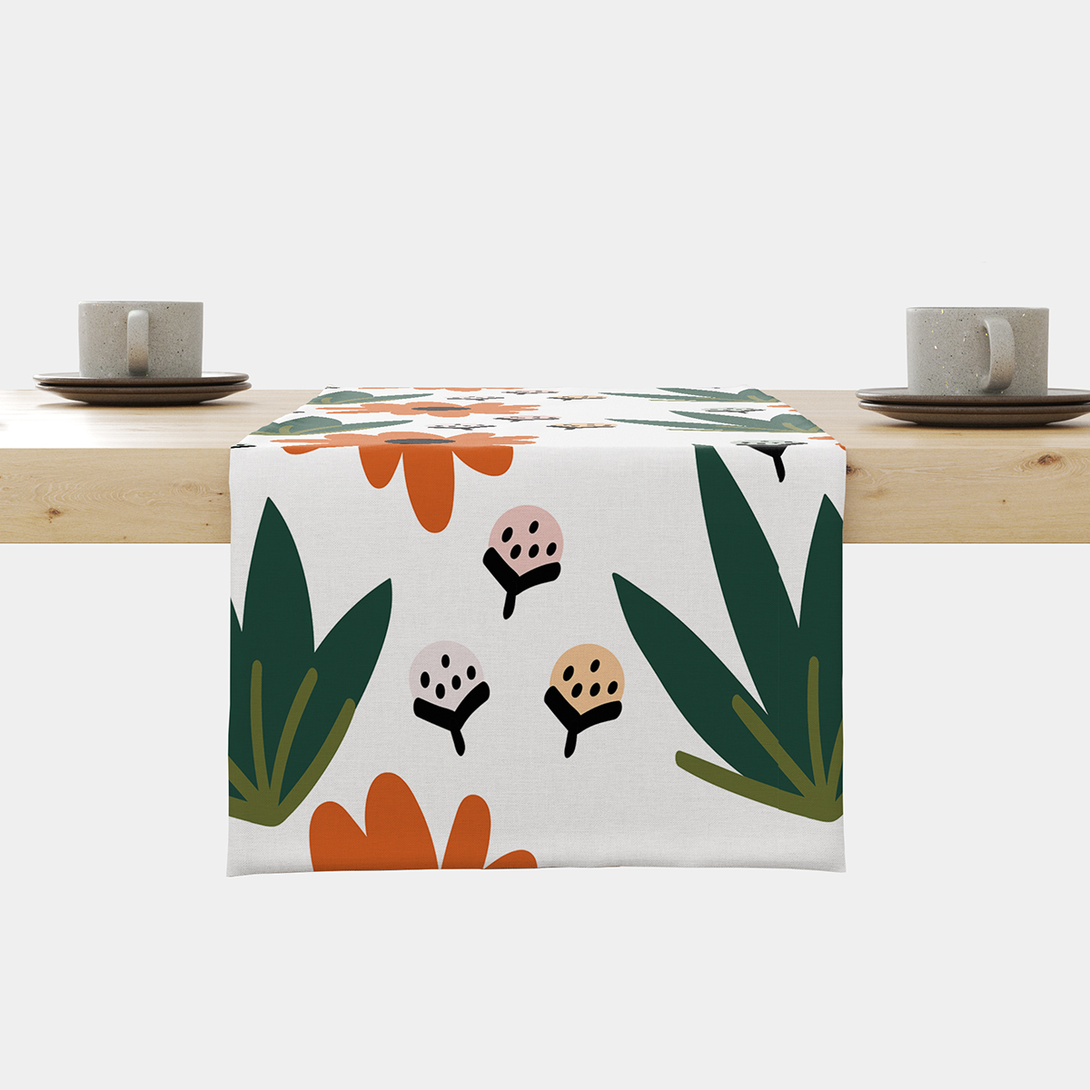 Bieżnik na stole z motywem folkowej łąki z pomarańczowymi kwiatami i zielonymi liśćmi