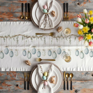 Widok z góry na zastawiony stół z bieżnikiem, talerzami, sztućcami i wiosennymi kwiatami