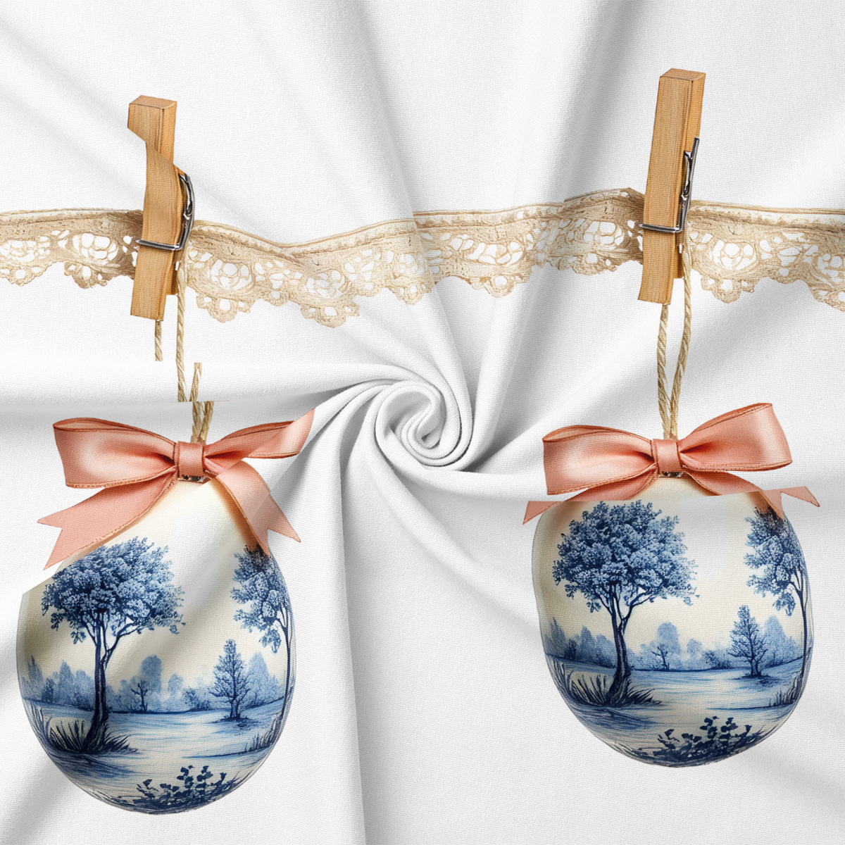 zbliżenie na dwie porcelanowe pisanki z niebieskim pejzażem, różowe kokardki i koronkowy pas
