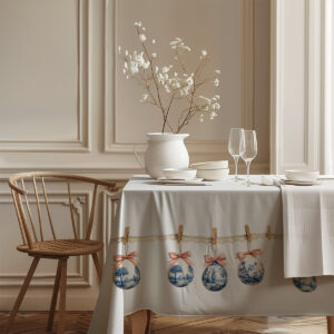 elegancka jadalnia z obrusem ozdobionym ciągiem pisanek na koronce, widok frontu stołu