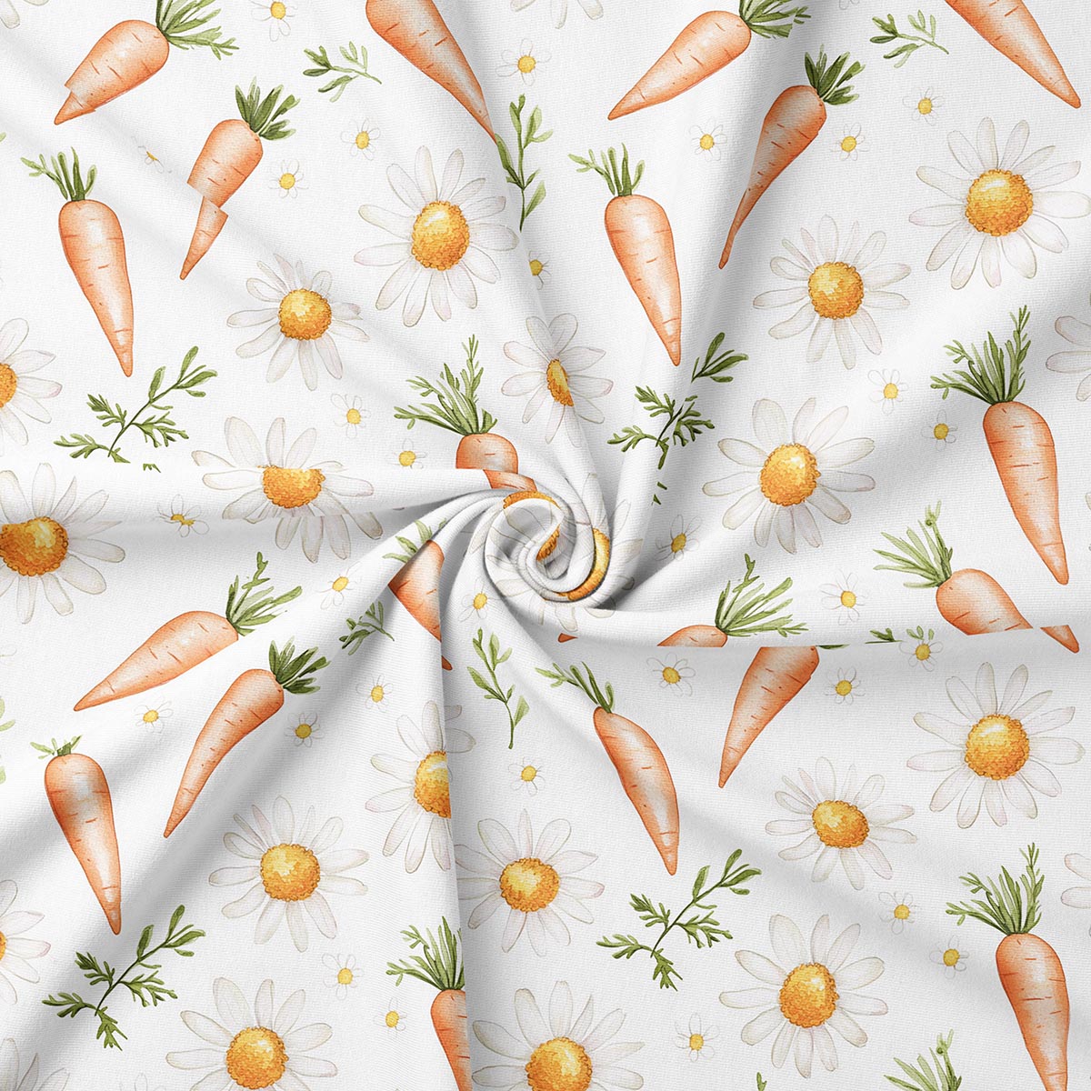 Zbliżenie na fakturę tkaniny z rysunkowymi marchewkami i margerytkami