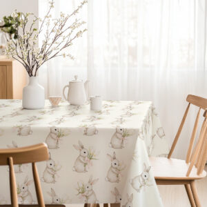 stylizacja stołu z obrus świąteczny w jasnym, przytulnym wnętrzu
