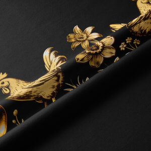 Zbliżenie na złote zdobienia kurek, pisanek i kwiatów drukowane na czarnej tkaninie