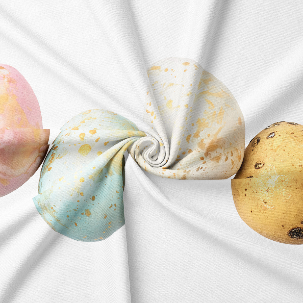 Zbliżenie na tkaninę i detale pisanek, widoczne złote prószenia i struktura materiału