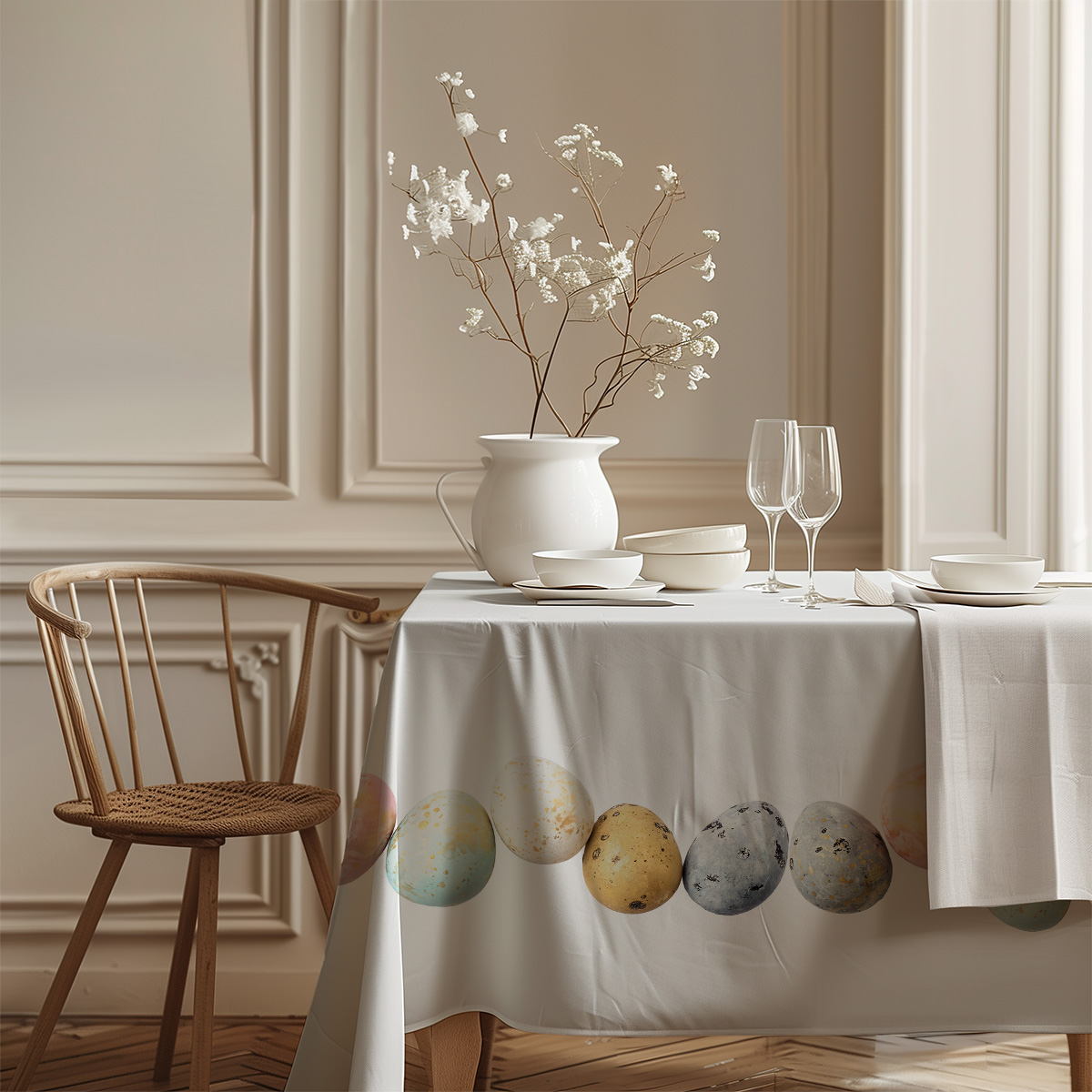 Wnętrze z nakrytym stołem, obrus z pastelowymi jajkami tworzy spokojną, świąteczną atmosferę