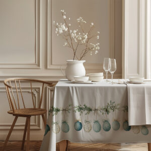 detal narożnika obrusa z powtarzającym się wzorem pisanek i liści