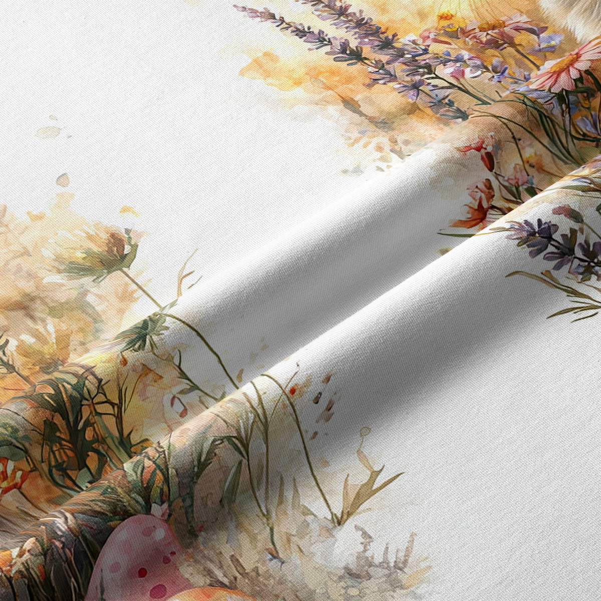 zbliżenie faktury tkaniny z detalem akwarelowych kwiatów i pisankami