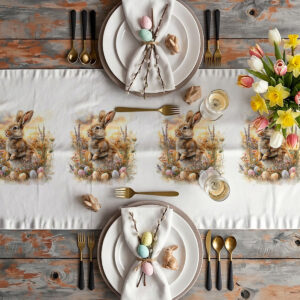 aranżacja stołu z bieżnikiem, zastawą i bukietem tulipanów w wiosennym, świątecznym klimacie