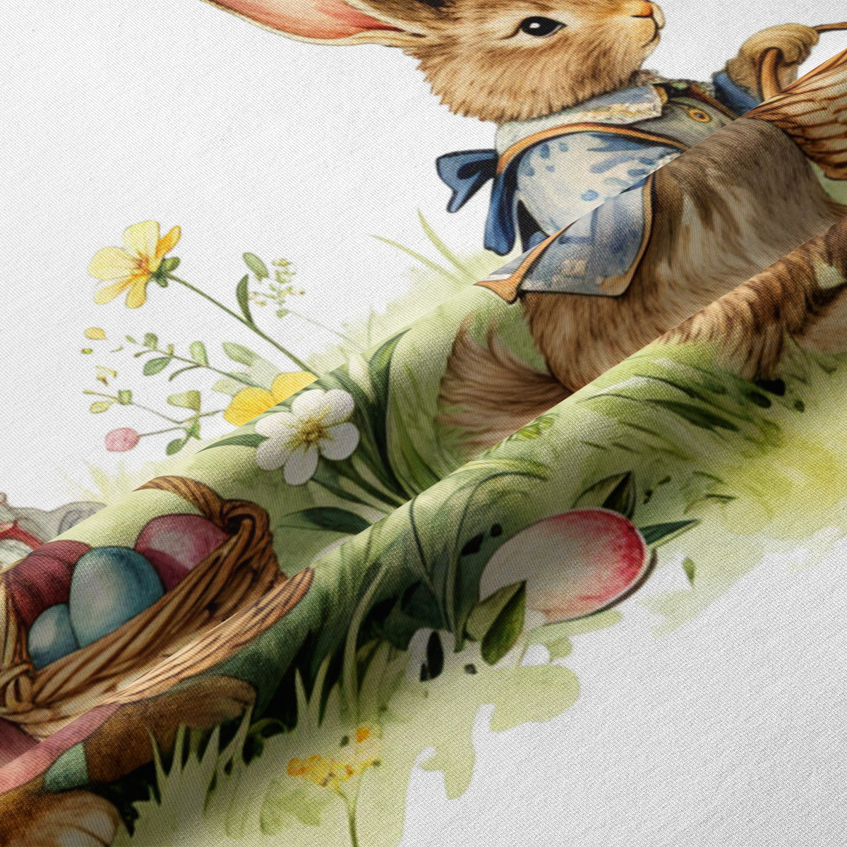 zbliżenie na nadruk zajączka, koszyczka i wiosennych kwiatów na teksturze tkaniny