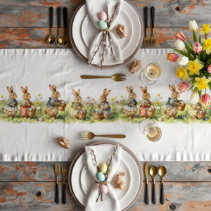 aranżacja stołu ze świątecznym bieżnikiem, zastawą i bukietem wiosennych kwiatów