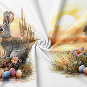 zbliżenie druku pokazujące zajączka, kolorowe pisanki i wschód słońca w akwarelowym stylu