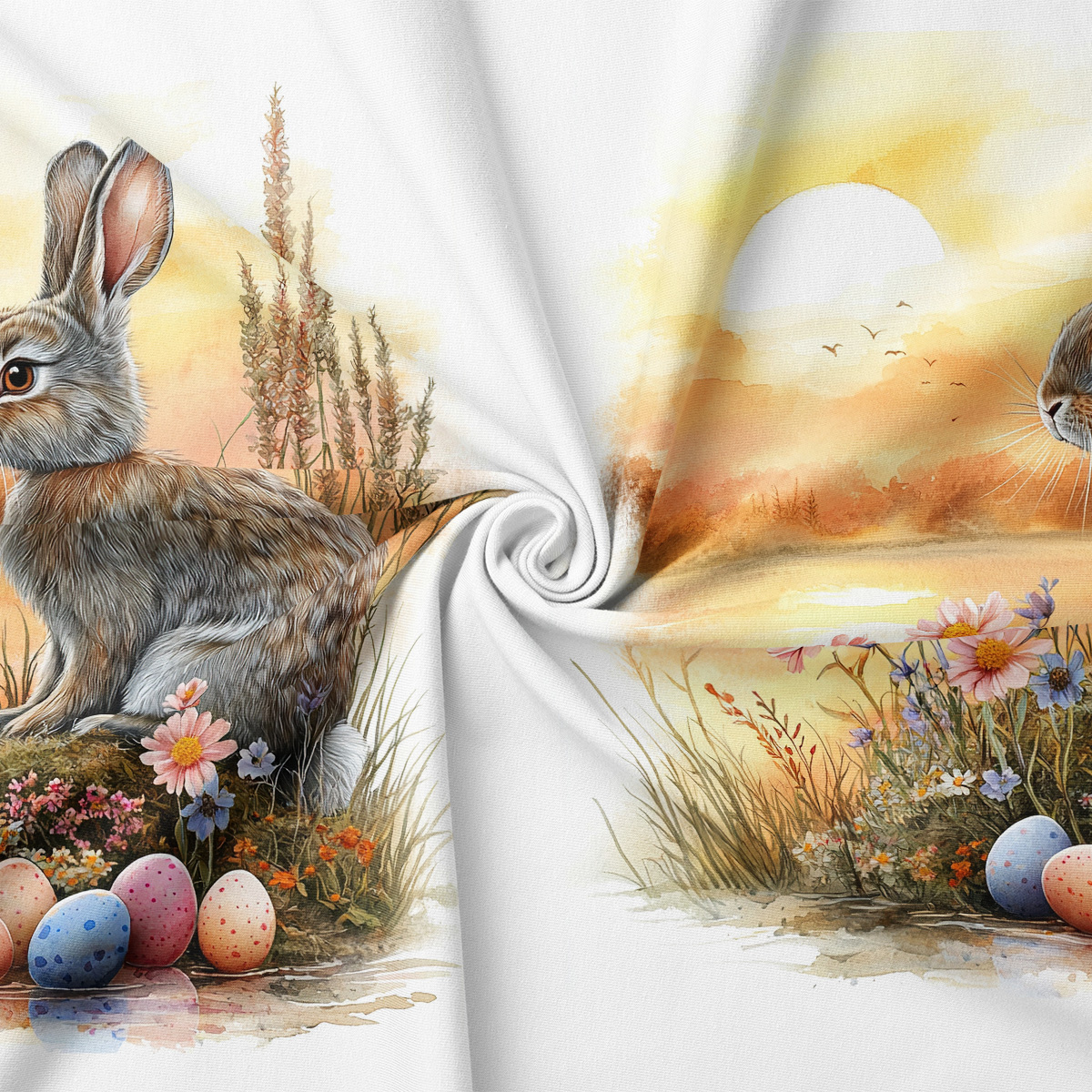 zbliżenie druku pokazujące zajączka, kolorowe pisanki i wschód słońca w akwarelowym stylu