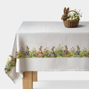 Obrus na stole z bordiurą wesołych zajączków i łąkowymi kwiatami, widok główny