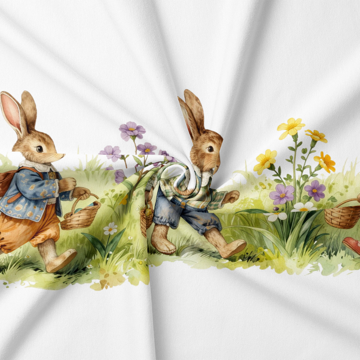 Zbliżenie na nadruk z zajączkami i detal tkaniny, pokazujące teksturę i pastelowe kolory